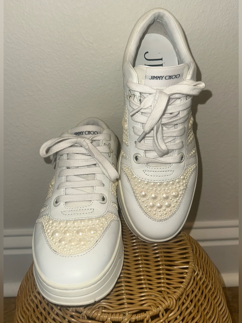 Jimmy Choo White Pearl-Embellished Leather Sneakers - Picture 4 of 11